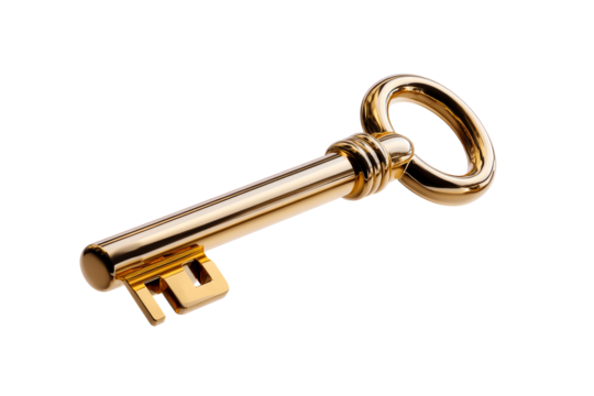 Golden key resting on a transparent background for visualization
