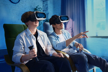 Father and son are immersed in a virtual reality experience in a modern living room setting. Concept of technology integration in daily life.