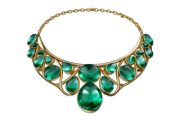 Elegant gold necklace with emerald stones on transparent background