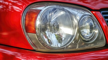 Close-up of a red car's headlight.