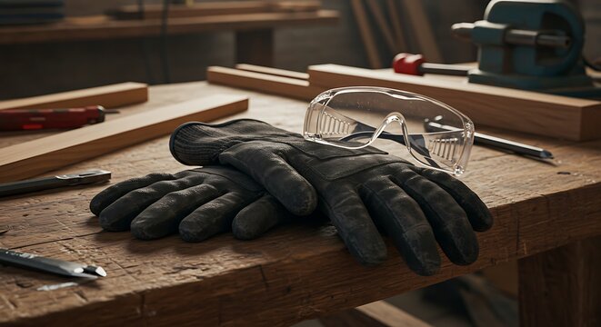 Carpenter's Protective Gear on Workbench