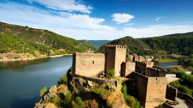 Aerial view of a medieval stone castle perched atop a rocky outcrop overlooking a river and surrounded by green hills under a sunny sky