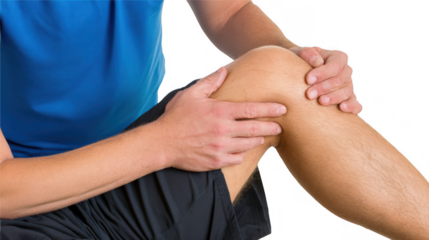 Close up of an athlete massaging his painful knee, highlighting the discomfort and potential injury with transparent background, perfect for sports medicine and injury related themes
