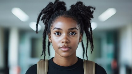 A powerful portrait of a young woman with dreadlocks and a confident expression, standing in an urban environment, symbolizing strength and resilience in modern society.