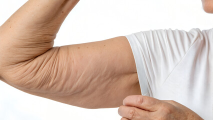 Close-up of sagging upper-arm skin with visible wrinkles and folds