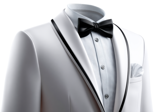 Elegant white tuxedo with bow tie and dress shirt for formal events