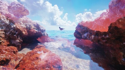 Centered composition, a bird on the sea, high saturation

