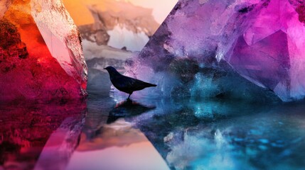 Centered composition, a bird on the sea, high saturation
