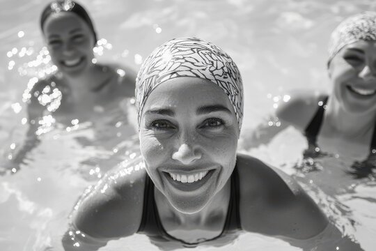 Senior Swim. Mature Woman in Swimwear with Active Women and Trainer at Water Gymnastics Class