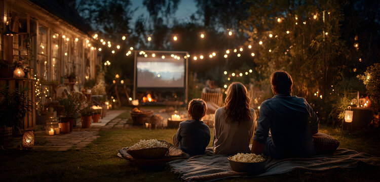 Family enjoys backyard movie night on a blanket under stars. Watching a movie on a big screen with popcorn and lights. National Movie Night August 18th celebration. Entertainment fun event.