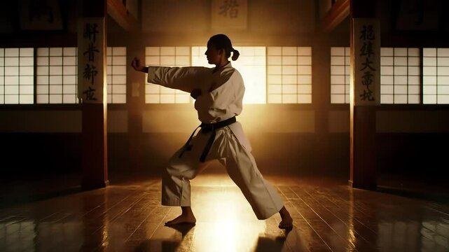 A young Asian man practices karate in a dojo. He wears a white gi and black belt. The background features wooden walls and soft lighting.