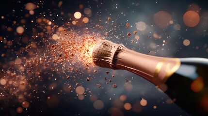 A champagne bottle cork pops with explosive force, releasing sparkling bubbles and intriguing textures, symbolizing celebration, joy, and special occasions captured in mesmerizing clarity.
