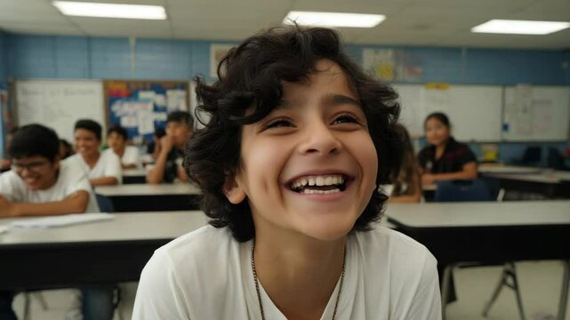 Smiling boy laughing in classroom