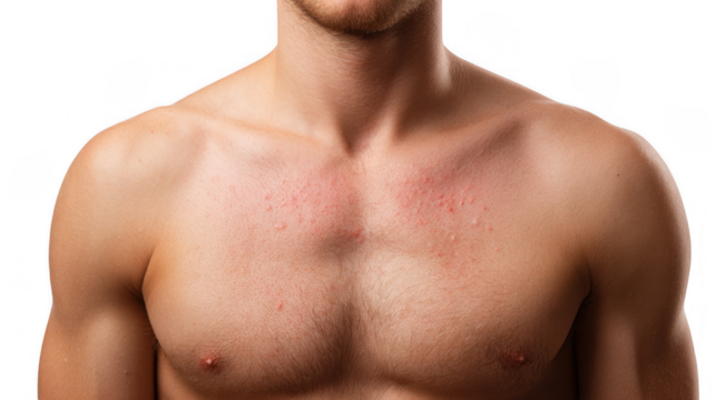 Close up of a male chest exhibiting symptoms of a skin allergy, such as redness and small bumps, against a transparent background, emphasizing the visibility of the skin condition