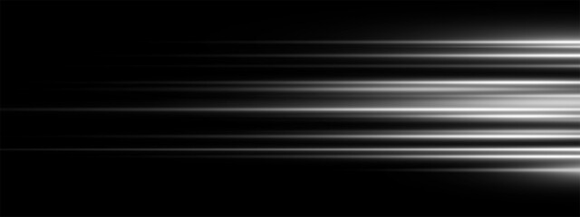 White speed light trail with neon glow and silver blur on black background. Futuristic plasma beam effect with energy flare and motion streak. Tech posters or digital design vector illustration. © Azat Valeev