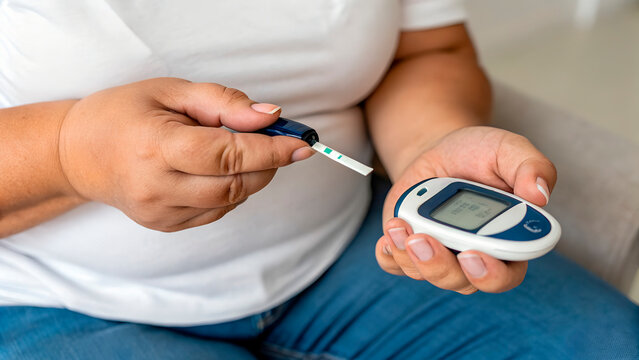 Overweight woman testing blood sugar for weight-loss health tracking