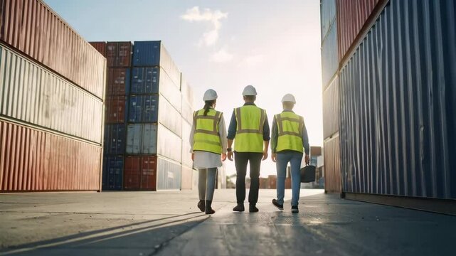 Three workers walking in storage facility with rows of stacked shipping containers wearing safety vests and helmets