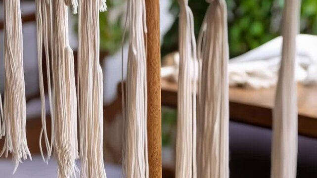 Handcrafted macrame dreamcatcher close-up with intricate details on wooden stand outdoors in natural light setting, boho decor