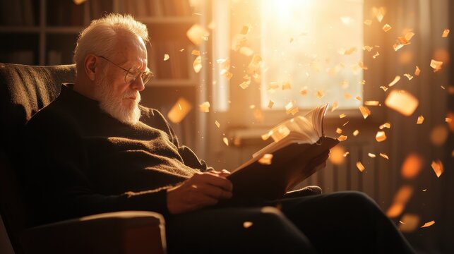 A serene elderly man immersed in reading a book, surrounded by glowing particles in a sunlit room, evoking feelings of peace, wisdom, and nostalgia in a cozy environment.