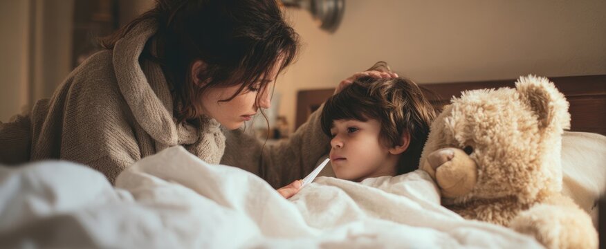 The caring mother comforting her sick child at home with a teddy bear.