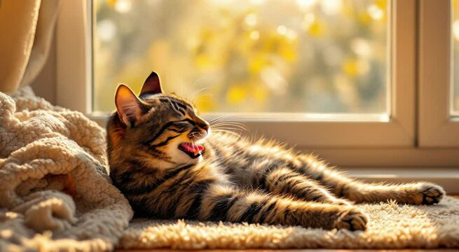 A cozy 4K shot of a relaxed tabby cat stretching and yawning beside a sunlit window. The warm tones and peaceful atmosphere make it perfect for themes of comfort, lazy mornings, home life, and pet rel