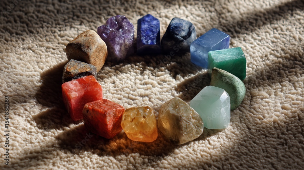 Poster colorful chakra crystals arranged in a circular pattern on a soft surface with natural light enhanci
