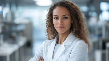 Professional woman in a lab coat in a modern laboratory setting. 