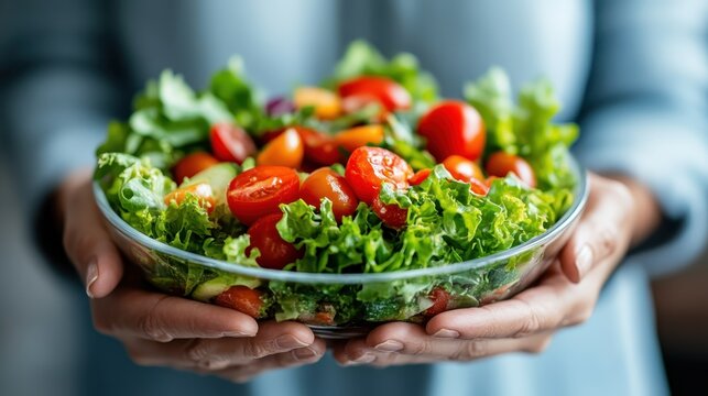 A person holding a large glass bowl filled with a vibrant assortment of fresh salad ingredients, showcasing a healthy lifestyle and colorful flavor combinations.