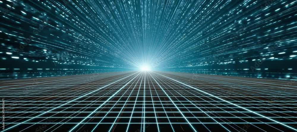 Poster 5d perspective space with grid line and spark light. copy space background. generative video ai tech