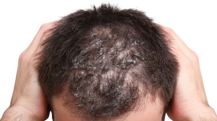 Fototapeta premium Man is holding his head, suffering from scalp psoriasis, a chronic skin condition causing red, itchy, and scaly patches, isolated on transparent background