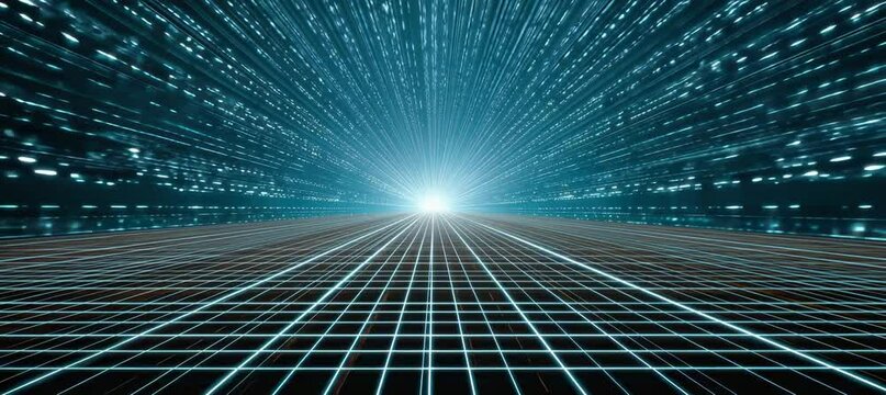 5D perspective space with grid line and spark light. Copy space background. Generative video AI technology.	
