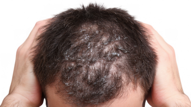 Man is holding his head, suffering from scalp psoriasis, a chronic skin condition causing red, itchy, and scaly patches, isolated on transparent background