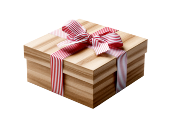 Wooden gift box with red and white striped ribbon design