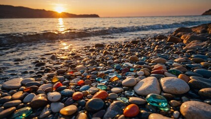 Obraz premium Colorful Pebbles and Clear Water on Rocky Shoreline at Sunset