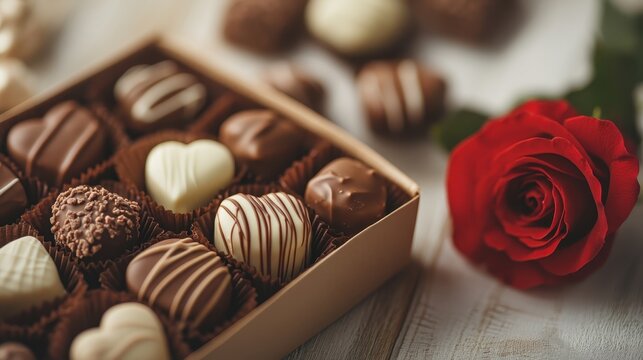 A beautifully arranged box of heart-shaped chocolates, complemented by a rose, symbolizing love, affection, and the joy of giving exceptional gifts to loved ones.