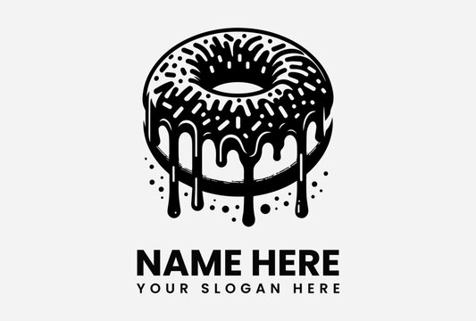 A stylized black and white graphic of a dripping glazed donut, suitable for a logo or branding.
