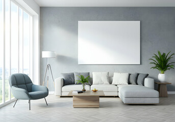 Modern living room with white sofa blue chair and blank canvas on gray wall