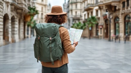 A traveler with a green backpack is navigating through a beautiful historic street, holding a map, showcasing the spirit of exploration and adventure in a vibrant urban environment.