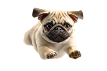 Playful pug puppy jumping with excitement and joy