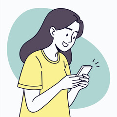 Joyful woman with long dark hair smiles looking at her phone screen, excited