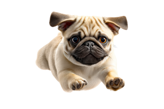 Playful pug puppy jumping with excitement and joy