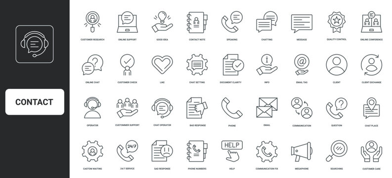 Online chat and email, help with client complaint by operator thin black outline symbols vector illustration. Customer support service, FAQ and info, feedback of experience line icon set.