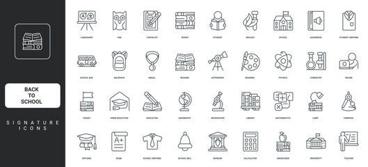 Student and teacher in class, diploma of graduate, languages thin black symbols vector illustration. Back to school, knowledge of library books, study and exam, online education line icon set.