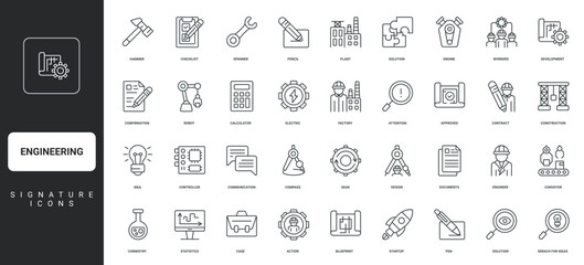 Architects blueprint, robot and factory conveyor thin black symbols vector illustration. Engineering in industry, construction, work process and solutions of engineer, worker line icon set.