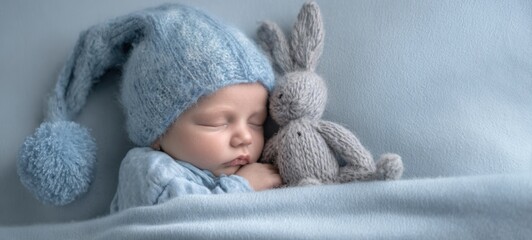 The adorable sleeping baby with a knitted hat and a soft plush bunny.