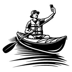 Man In Canoe Taking A Selfie, Black And White Silhouette Of A Kayaker