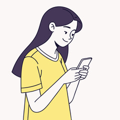 Smiling young Asian woman uses phone while standing and wearing yellow shirt