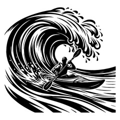 Extreme Kayaker Riding Powerful Ocean Wave in Black and White Action Illustration