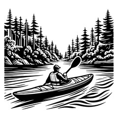 Man Kayaking Through Forest River Surrounded by Pine Trees in Black and White Nature Scene