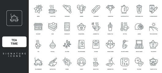 Fresh leaf from farm plantation, lemon, ginger thin black symbols vector illustration. Tea time, hot drink cup and teapot, teabag for brewing, dessert and sugar for ceremony line icon set.